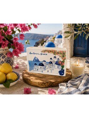 New Portfolio Santorini Greece Postcard Lemon Coastal Travel Candle Room Decor